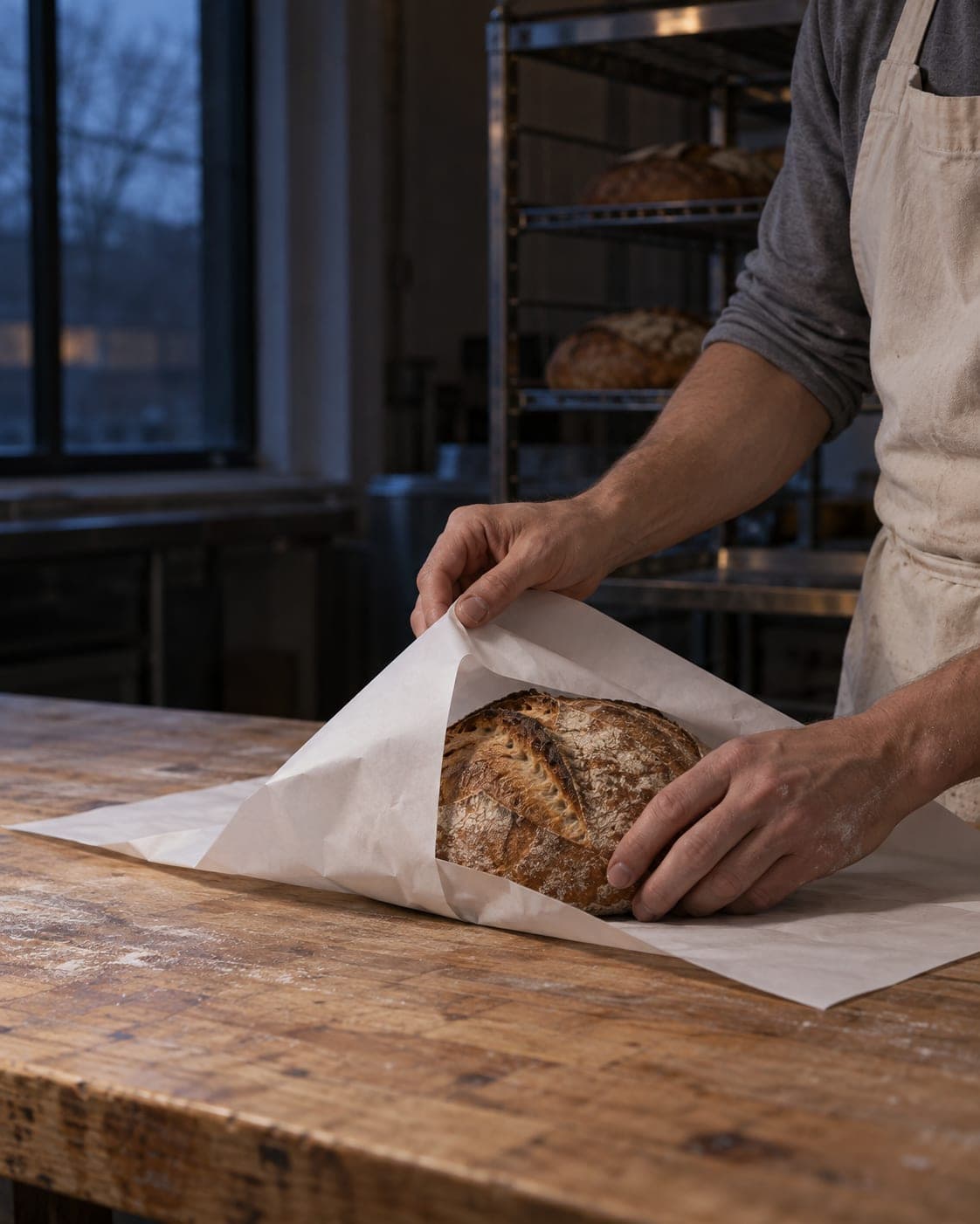 A baker wrapping a loaf in white paper.